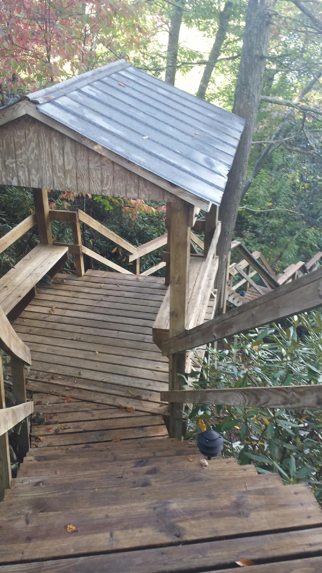 Metal roofed shelter over wooden steps on a wooded walkway — Skylight Repair & Installation work by our crew in Petersburg